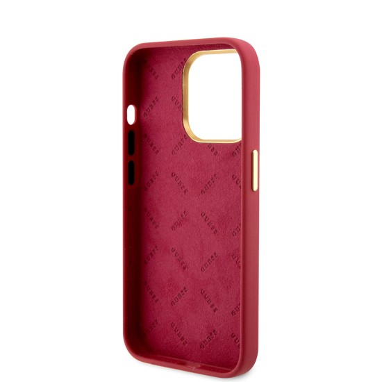 Husa pentru iPhone 15 Pro - Guess Silicone Script Metal Logo & Frame (GUHCP15LSMBSLM) - Red