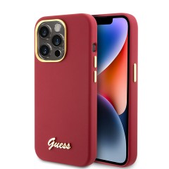 Husa pentru iPhone 15 Pro - Guess Silicone Script Metal Logo & Frame (GUHCP15LSMBSLM) - Red Husa pentru iPhone 15 Pro - Guess Silicone Script Metal Logo & Frame (GUHCP15LSMBSLM) - Red