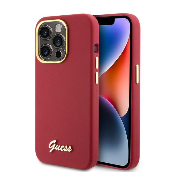 Husa pentru iPhone 15 Pro - Guess Silicone Script Metal Logo & Frame (GUHCP15LSMBSLM) - Red