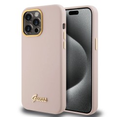 Husa pentru iPhone 15 Pro - Guess Silicone Script Metal Logo & Frame (GUHCP15LSMBSLP) - Light Pink Husa pentru iPhone 15 Pro - Guess Silicone Script Metal Logo & Frame (GUHCP15LSMBSLP) - Light Pink