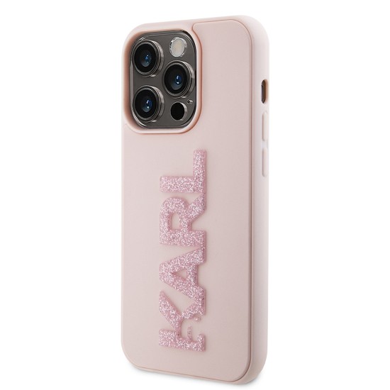 Husa pentru iPhone 15 Pro - Karl Lagerfeld 3D Design (KLHCP15L3DMBKCP) - Pink Rubber Glitter Logo