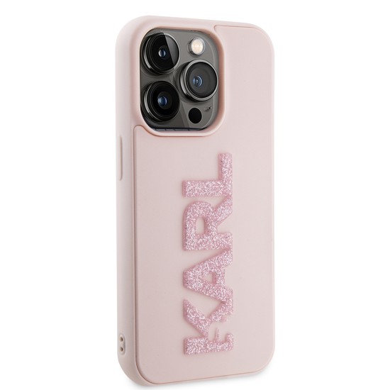 Husa pentru iPhone 15 Pro - Karl Lagerfeld 3D Design (KLHCP15L3DMBKCP) - Pink Rubber Glitter Logo