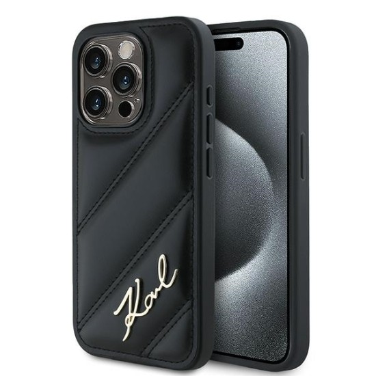 Husa pentru iPhone 15 Pro - Karl Lagerfeld Diagonal Quilted Script (KLHCP15LPQDSMGK) - Black