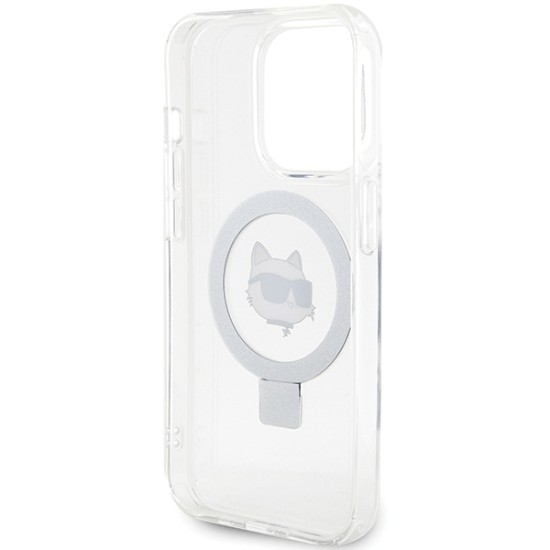 Husa pentru iPhone 15 Pro - Karl Lagerfeld Hardcase Ring Stand MagSafe (KLHMP15LHMRSCHH) - White Choupette Head