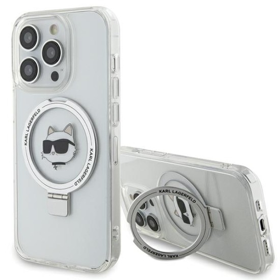 Husa pentru iPhone 15 Pro - Karl Lagerfeld Hardcase Ring Stand MagSafe (KLHMP15LHMRSCHH) - White Choupette Head