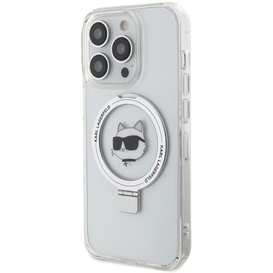 Husa pentru iPhone 15 Pro - Karl Lagerfeld Hardcase Ring Stand MagSafe (KLHMP15LHMRSCHH) - White Choupette Head