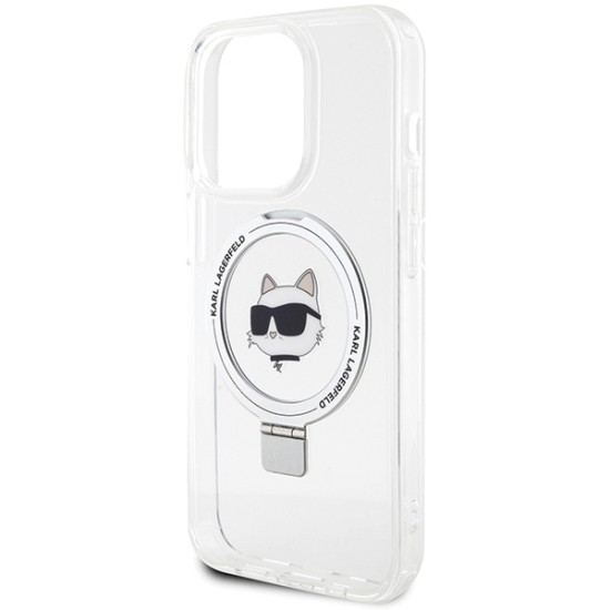 Husa pentru iPhone 15 Pro - Karl Lagerfeld Hardcase Ring Stand MagSafe (KLHMP15LHMRSCHH) - White Choupette Head