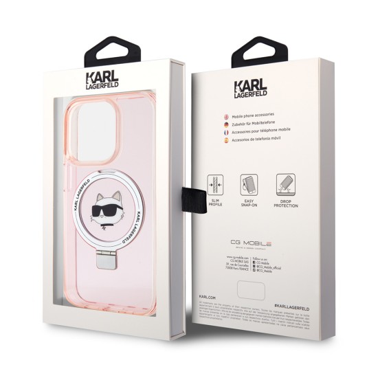 Husa pentru iPhone 15 Pro - Karl Lagerfeld Hardcase Ring Stand MagSafe (KLHMP15LHMRSCHP) - Pink Choupette Head