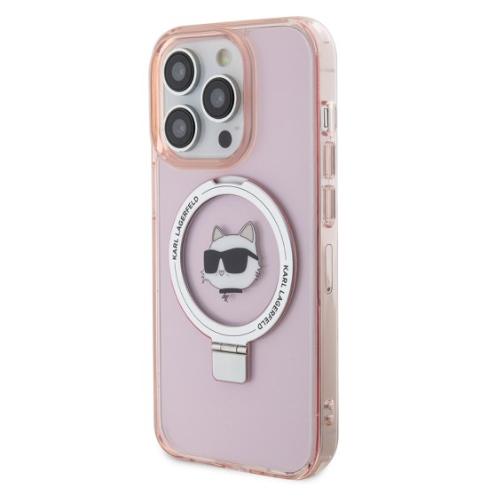 Husa pentru iPhone 15 Pro - Karl Lagerfeld Hardcase Ring Stand MagSafe (KLHMP15LHMRSCHP) - Pink Choupette Head