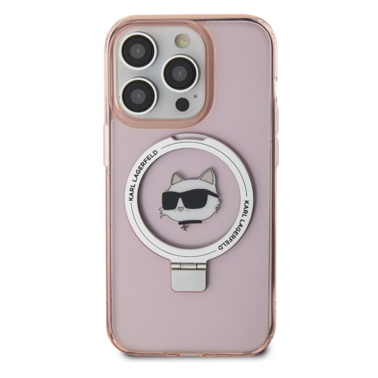 Husa pentru iPhone 15 Pro - Karl Lagerfeld Hardcase Ring Stand MagSafe (KLHMP15LHMRSCHP) - Pink Choupette Head