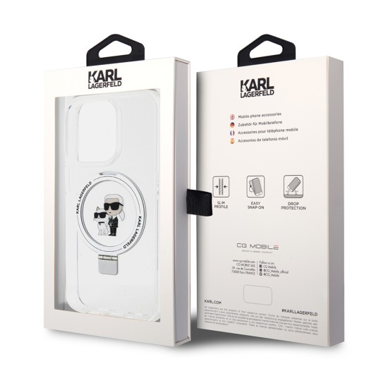 Husa pentru iPhone 15 Pro - Karl Lagerfeld Hardcase Ring Stand MagSafe (KLHMP15LHMRSKCH) - White Karl&Choupette