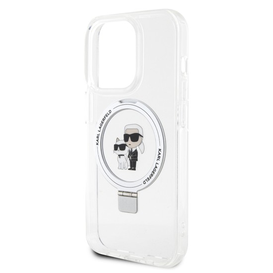 Husa pentru iPhone 15 Pro - Karl Lagerfeld Hardcase Ring Stand MagSafe (KLHMP15LHMRSKCH) - White Karl&Choupette