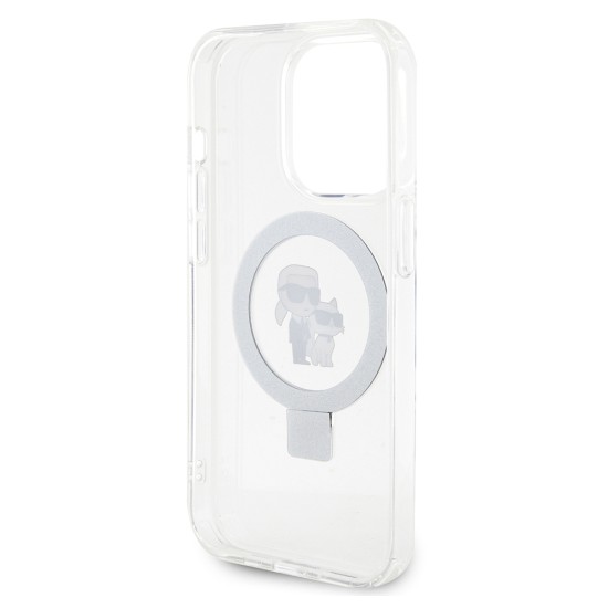 Husa pentru iPhone 15 Pro - Karl Lagerfeld Hardcase Ring Stand MagSafe (KLHMP15LHMRSKCH) - White Karl&Choupette