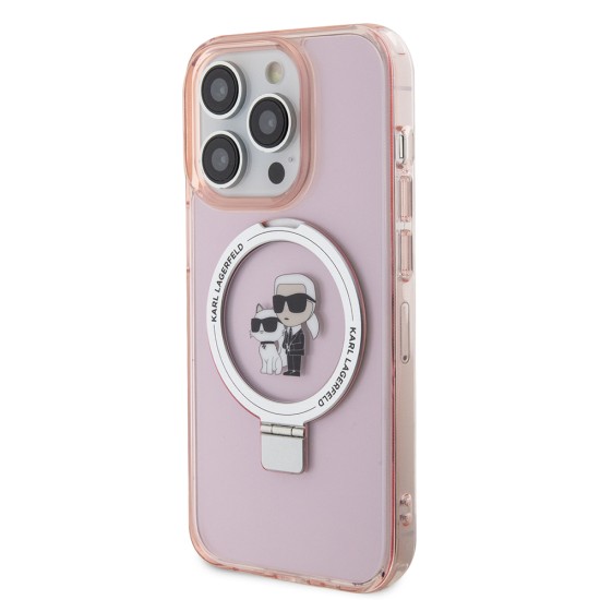 Husa pentru iPhone 15 Pro - Karl Lagerfeld Hardcase Ring Stand MagSafe (KLHMP15LHMRSKCP) - Pink Karl&Choupette