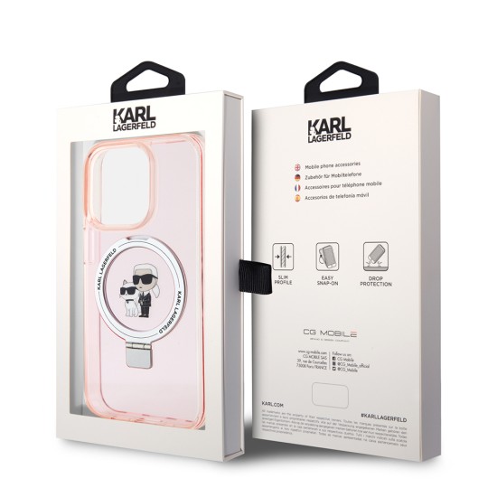 Husa pentru iPhone 15 Pro - Karl Lagerfeld Hardcase Ring Stand MagSafe (KLHMP15LHMRSKCP) - Pink Karl&Choupette