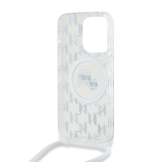 Husa pentru iPhone 15 Pro - Karl Lagerfeld IML Crossbody MagSafe (KLHMP15LHCKCKLCT) - Transparent Monogram Karl&Choupette Head