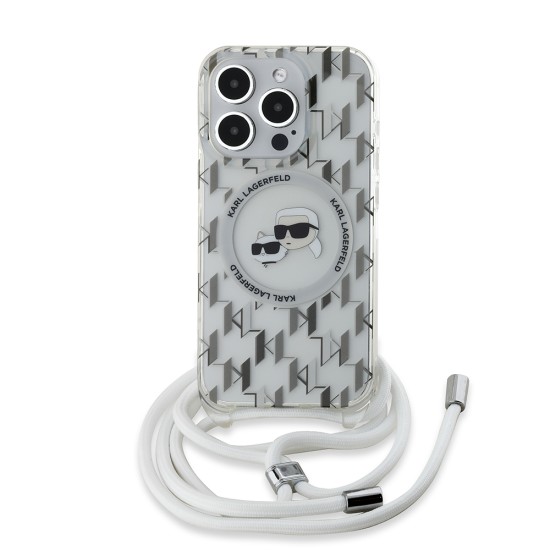 Husa pentru iPhone 15 Pro - Karl Lagerfeld IML Crossbody MagSafe (KLHMP15LHCKCKLCT) - Transparent Monogram Karl&Choupette Head