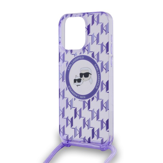 Husa pentru iPhone 15 Pro - Karl Lagerfeld IML Crossbody MagSafe (KLHMP15LHCKCKLCU) - Purple Monogram Karl&Choupette Head