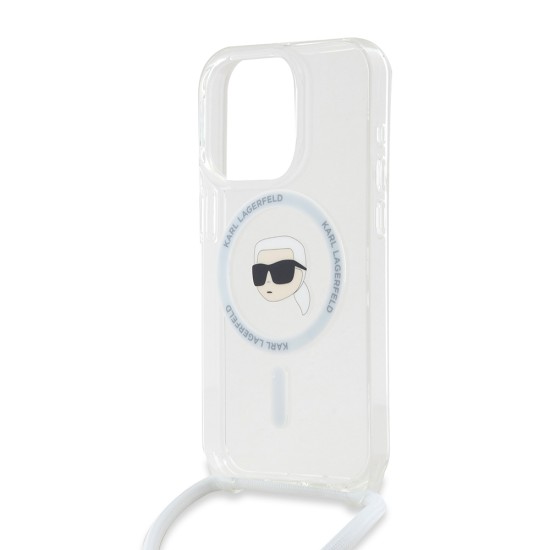 Husa pentru iPhone 15 Pro - Karl Lagerfeld IML Crossbody MagSafe (KLHMP15LHCKHNT) - Transparent Karl Head