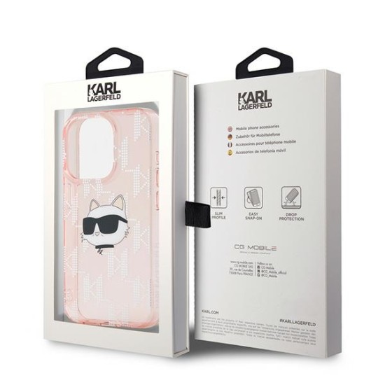 Husa pentru iPhone 15 Pro - Karl Lagerfeld IML Luxury (KLHCP15LHKLPCHP) - Pink Choupette Head&Monogram