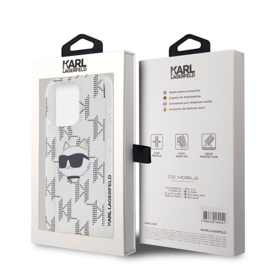 Husa pentru iPhone 15 Pro - Karl Lagerfeld IML Luxury (KLHCP15LHKLPCHT) - Clear Choupette Head&Monogram