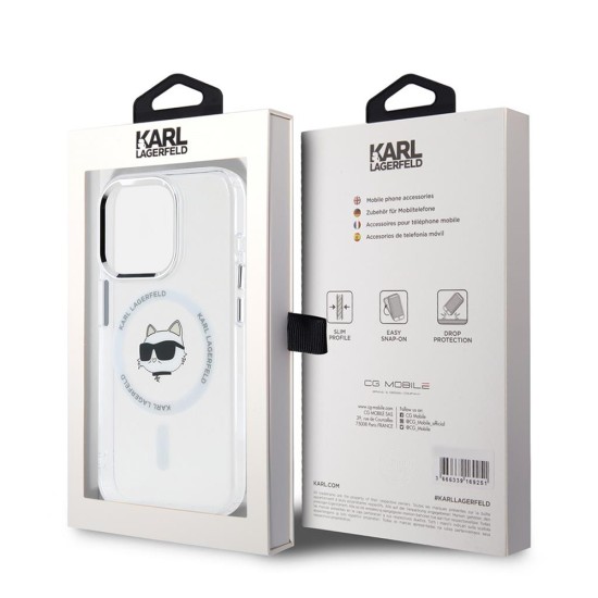 Husa pentru iPhone 15 Pro - Karl Lagerfeld IML MagSafe (KLHMP15LHLSCHH) - White Metal Choupette`s Head