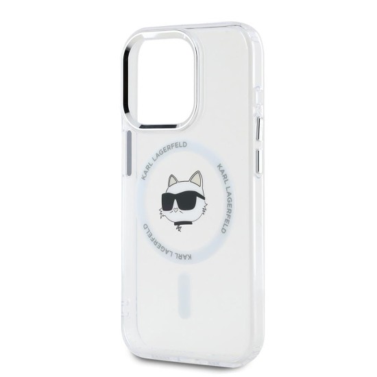 Husa pentru iPhone 15 Pro - Karl Lagerfeld IML MagSafe (KLHMP15LHLSCHH) - White Metal Choupette`s Head