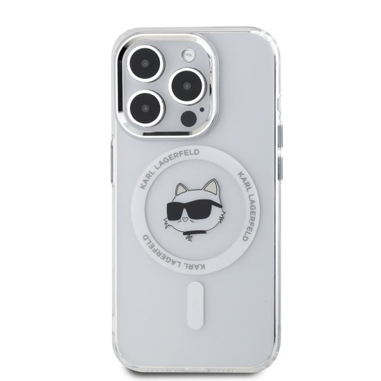 Husa pentru iPhone 15 Pro - Karl Lagerfeld IML MagSafe (KLHMP15LHLSCHH) - White Metal Choupette`s Head