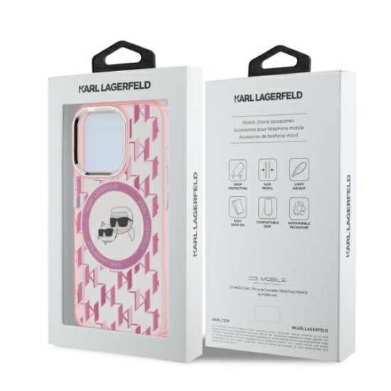 Husa pentru iPhone 15 Pro - Karl Lagerfeld IML MagSafe (KLHMP15LHMCKMHP) - Pink Monogram Karl&Choupette Head