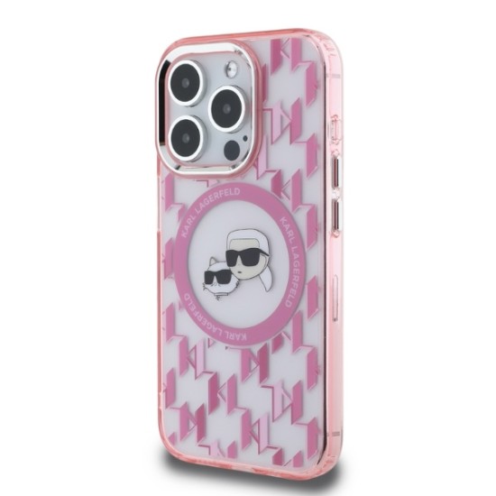 Husa pentru iPhone 15 Pro - Karl Lagerfeld IML MagSafe (KLHMP15LHMCKMHP) - Pink Monogram Karl&Choupette Head