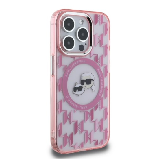 Husa pentru iPhone 15 Pro - Karl Lagerfeld IML MagSafe (KLHMP15LHMCKMHP) - Pink Monogram Karl&Choupette Head