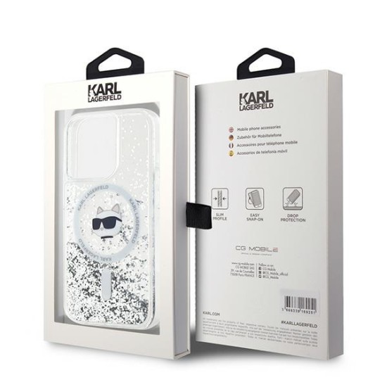 Husa pentru iPhone 15 Pro - Karl Lagerfeld Liquid Glitter MagSafe (KLHMP15LLGCHSGH) - Transparent Choupette Head