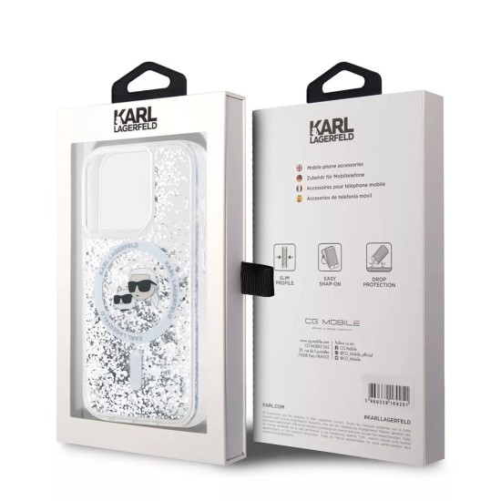 Husa pentru iPhone 15 Pro - Karl Lagerfeld Liquid Glitter MagSafe (KLHMP15LLGKCSGH) - Transparent Karl&Choupette Head