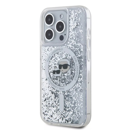 Husa pentru iPhone 15 Pro - Karl Lagerfeld Liquid Glitter MagSafe (KLHMP15LLGKCSGH) - Transparent Karl&Choupette Head