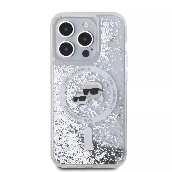 Husa pentru iPhone 15 Pro - Karl Lagerfeld Liquid Glitter MagSafe (KLHMP15LLGKCSGH) - Transparent Karl&Choupette Head