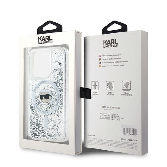 Husa pentru iPhone 15 Pro - Karl Lagerfeld Liquid Glitter MagSafe (KLHMP15LLGKISGH) - Transparent Karl Head