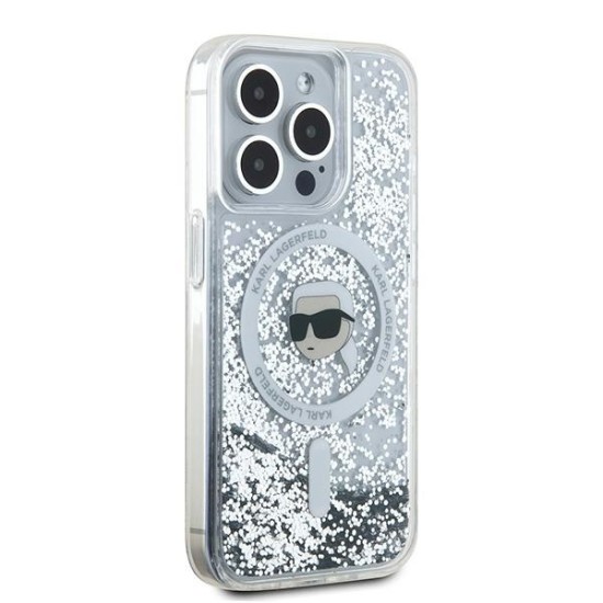 Husa pentru iPhone 15 Pro - Karl Lagerfeld Liquid Glitter MagSafe (KLHMP15LLGKISGH) - Transparent Karl Head