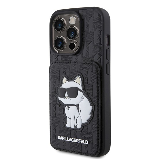 Husa pentru iPhone 15 Pro - Karl Lagerfeld Saffiano Cardslots and Stand (KLHCP15LSAKCNSCK) - Monogram Choupette