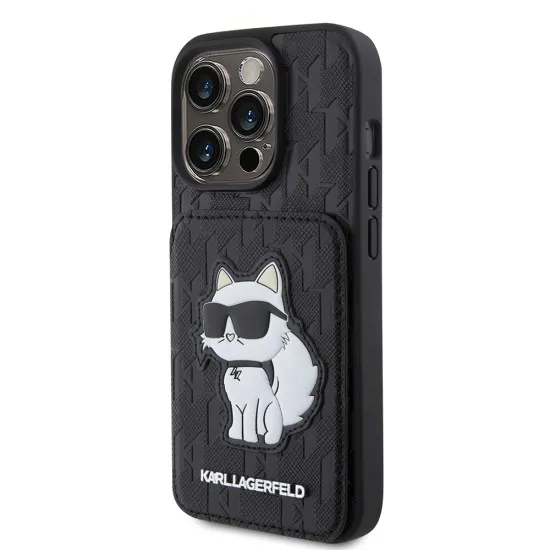 Husa pentru iPhone 15 Pro - Karl Lagerfeld Saffiano Cardslots and Stand (KLHCP15LSAKCNSCK) - Monogram Choupette Husa pentru iPhone 15 Pro - Karl Lagerfeld Saffiano Cardslots and Stand (KLHCP15LSAKCNSCK) - Monogram Choupette