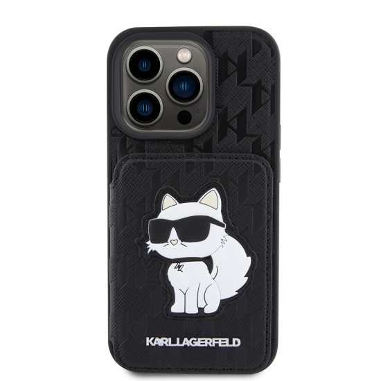 Husa pentru iPhone 15 Pro - Karl Lagerfeld Saffiano Cardslots and Stand (KLHCP15LSAKCNSCK) - Monogram Choupette