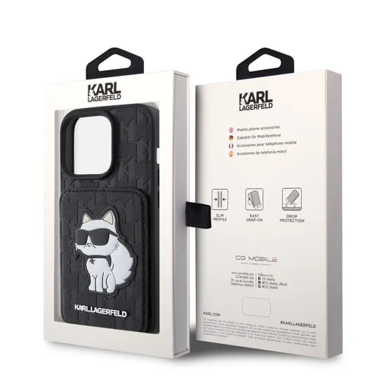 Husa pentru iPhone 15 Pro - Karl Lagerfeld Saffiano Cardslots and Stand (KLHCP15LSAKCNSCK) - Monogram Choupette Husa pentru iPhone 15 Pro - Karl Lagerfeld Saffiano Cardslots and Stand (KLHCP15LSAKCNSCK) - Monogram Choupette