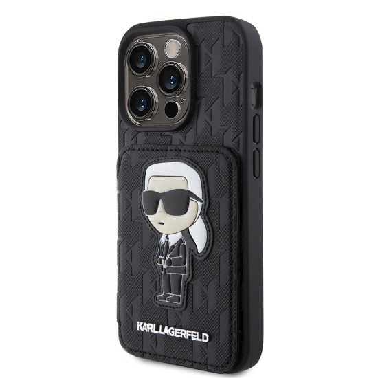 Husa pentru iPhone 15 Pro - Karl Lagerfeld Saffiano Cardslots and Stand (KLHCP15LSAKKNSCK) - Monogram Ikonik