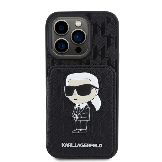 Husa pentru iPhone 15 Pro - Karl Lagerfeld Saffiano Cardslots and Stand (KLHCP15LSAKKNSCK) - Monogram Ikonik