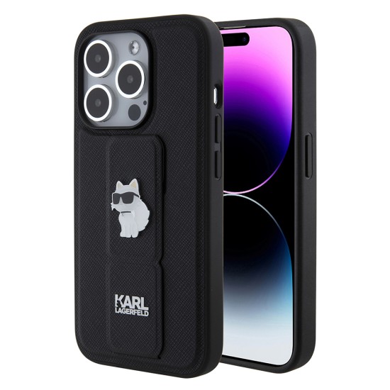 Husa pentru iPhone 15 Pro - Karl Lagerfeld Saffiano Gripstand (KLHCP15LGSACHPK) - Choupette Pins