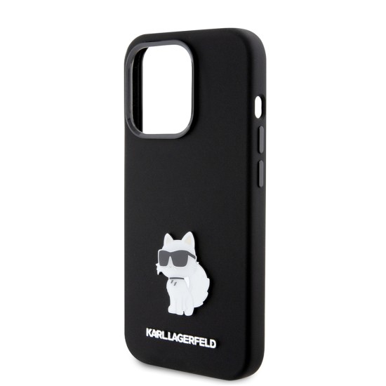 Husa pentru iPhone 15 Pro - Karl Lagerfeld Silicone (KLHCP15LSMHCNPK) - Choupette Metal Pin