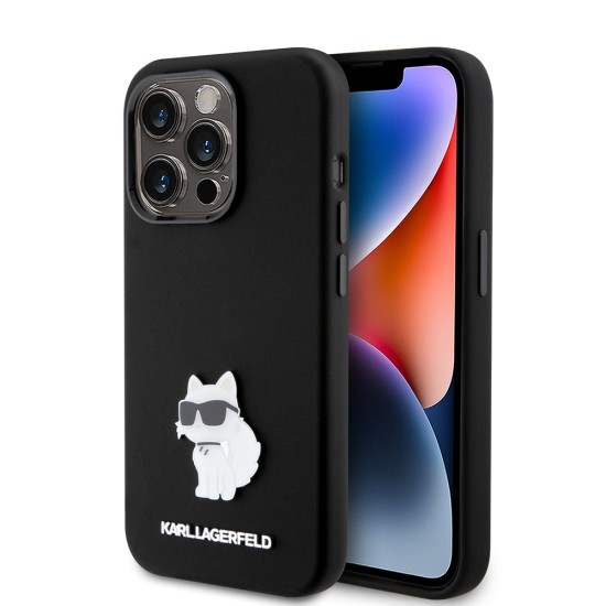 Husa pentru iPhone 15 Pro - Karl Lagerfeld Silicone (KLHCP15LSMHCNPK) - Choupette Metal Pin