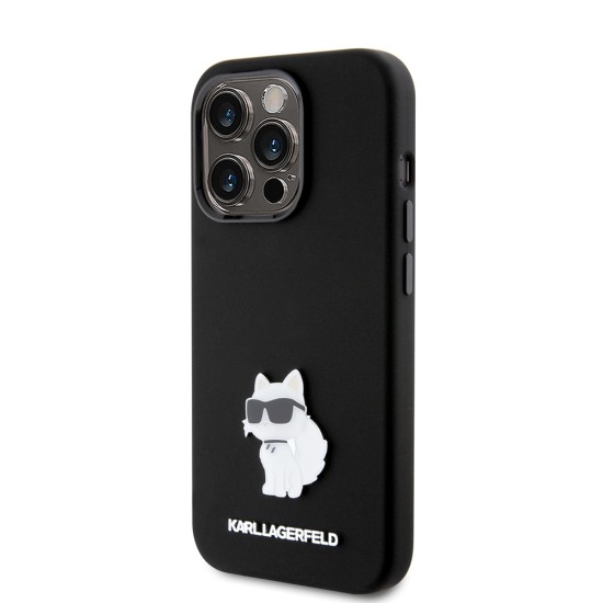 Husa pentru iPhone 15 Pro - Karl Lagerfeld Silicone (KLHCP15LSMHCNPK) - Choupette Metal Pin