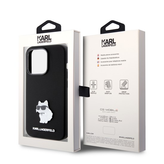 Husa pentru iPhone 15 Pro - Karl Lagerfeld Silicone (KLHCP15LSMHCNPK) - Choupette Metal Pin