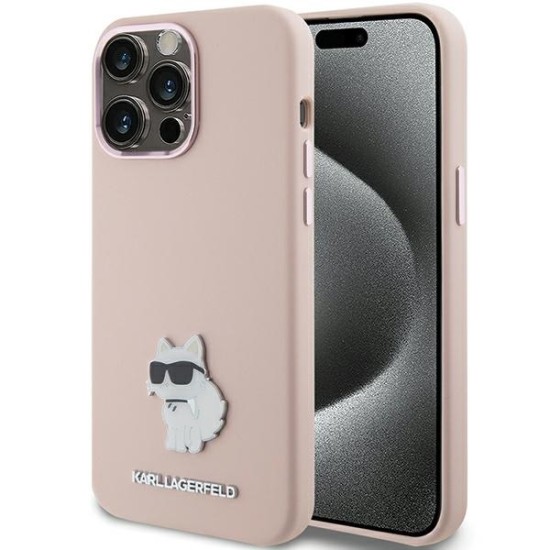 Husa pentru iPhone 15 Pro - Karl Lagerfeld Silicone (KLHCP15LSMHCNPP) - Pink Choupette Metal Pin