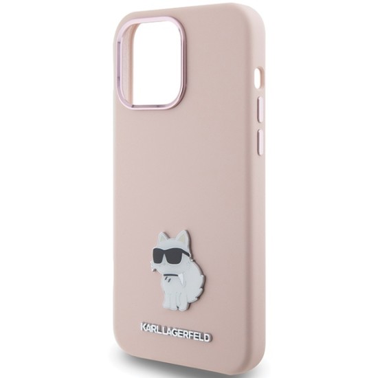 Husa pentru iPhone 15 Pro - Karl Lagerfeld Silicone (KLHCP15LSMHCNPP) - Pink Choupette Metal Pin